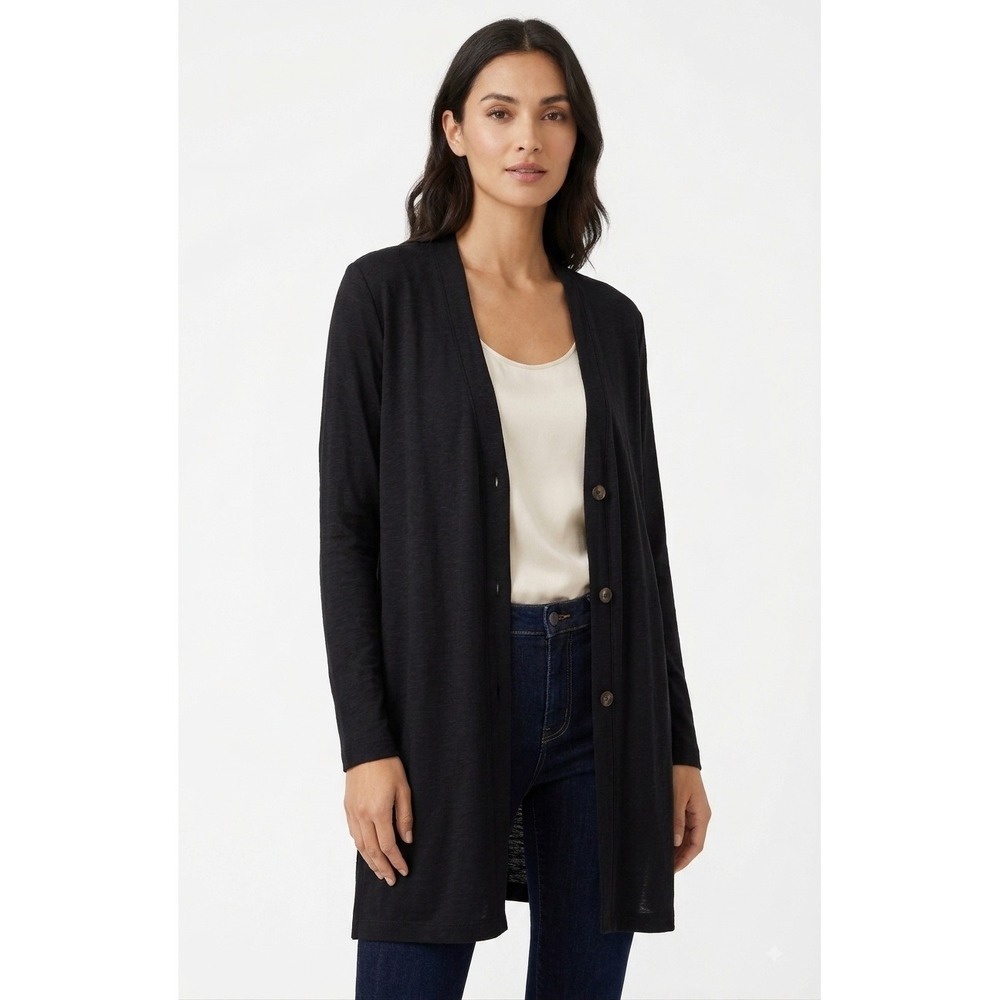 Chicos Travelers Black Long Sleeve Button Front Cardigan Knit Top Size 2 (12/14)